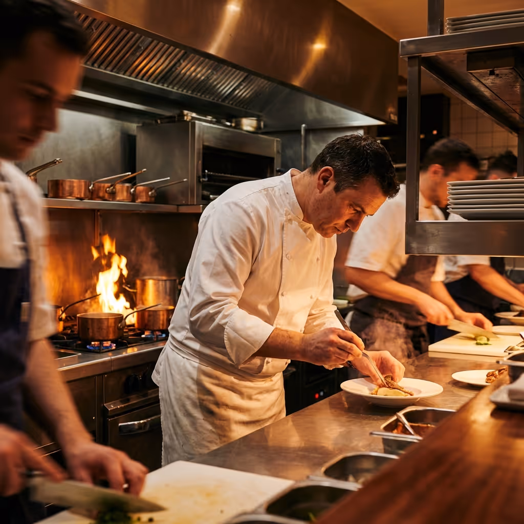 Chef en veste blanche dressant un plat dans une cuisine professionnelle avec feux et cuisiniers en arrière-plan.