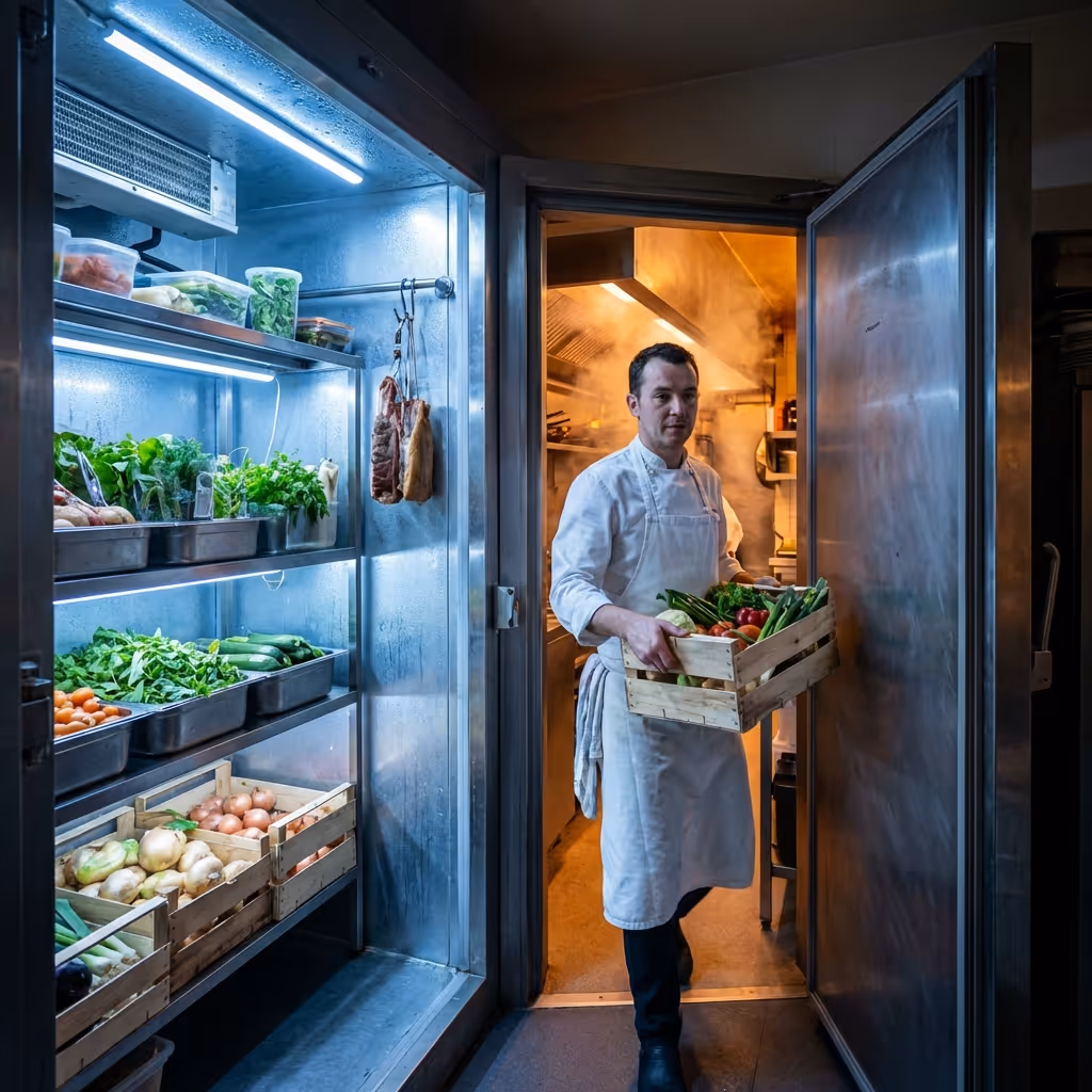 Chef tenant une caisse de légumes frais en sortant d'un réfrigérateur industriel dans la cuisine d'un restaurant client DUNE Energie.