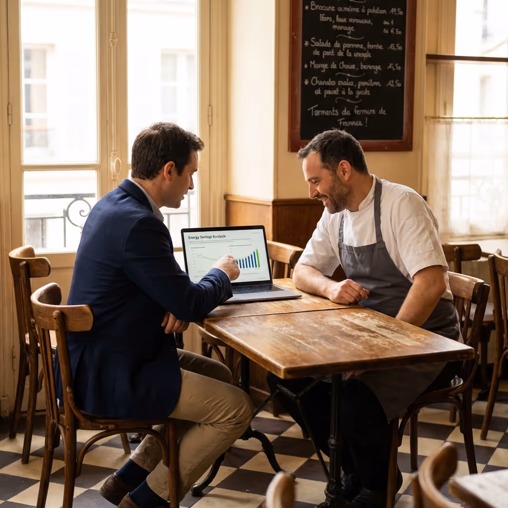 Un expert DUNE Energie montre des graphiques sur ordinateur portable à un chef en tablier dans un café.