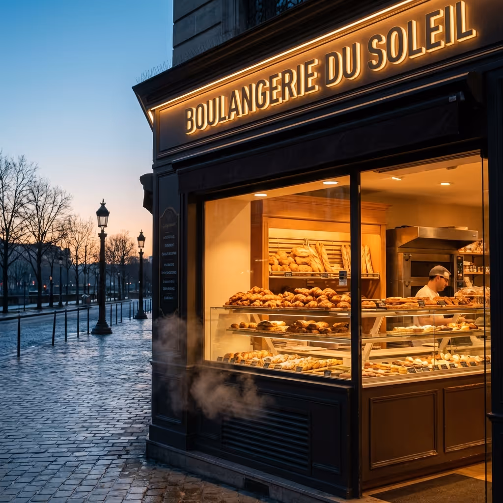 Façade d'une boulangerie cliente de DUNE Energie, appelée Boulangerie du Soleil avec vitrines remplies de pâtisseries au crépuscule.