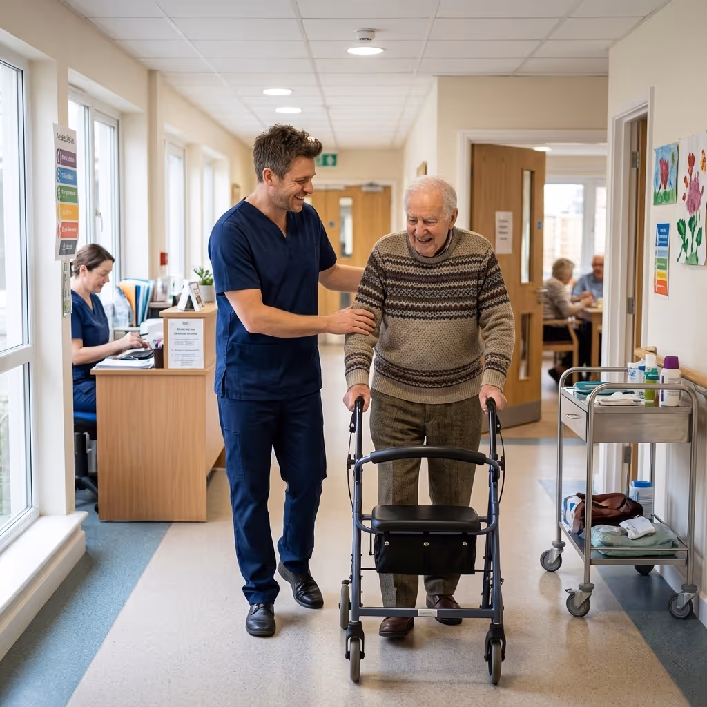 Un soignant accompagne un homme âgé souriant avec un déambulateur dans un couloir lumineux d'un EHPAD accompagné par DUNE Energie.