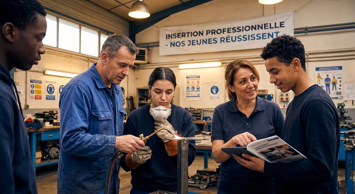 Un formateur montre le soudage à une jeune femme tandis qu'une autre explique un livret à un jeune homme en atelier, client de DUNE Energie.