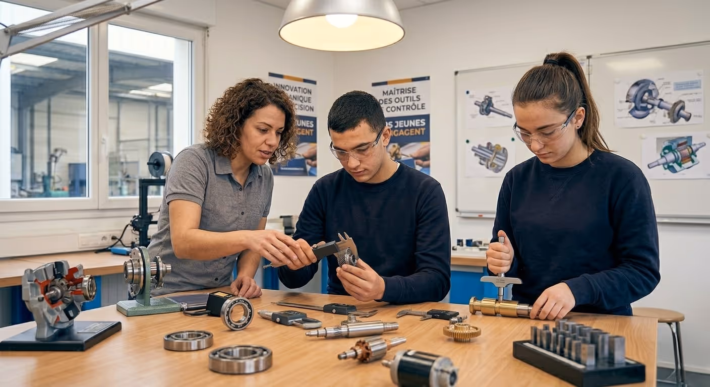 Une instructrice montre à un étudiant comment utiliser un instrument de mesure sur une pièce mécanique.