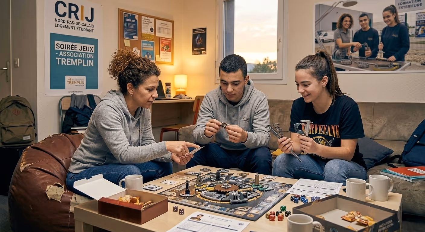 Trois personnes jouent ensemble à un jeu de société avec pièces mécaniques sur une table basse.