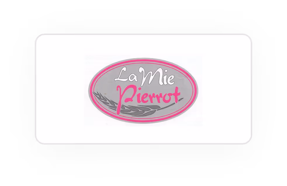 Logo ovale gris avec texte La Mie Pierrot en rose et blanc, avec une illustration de grain.