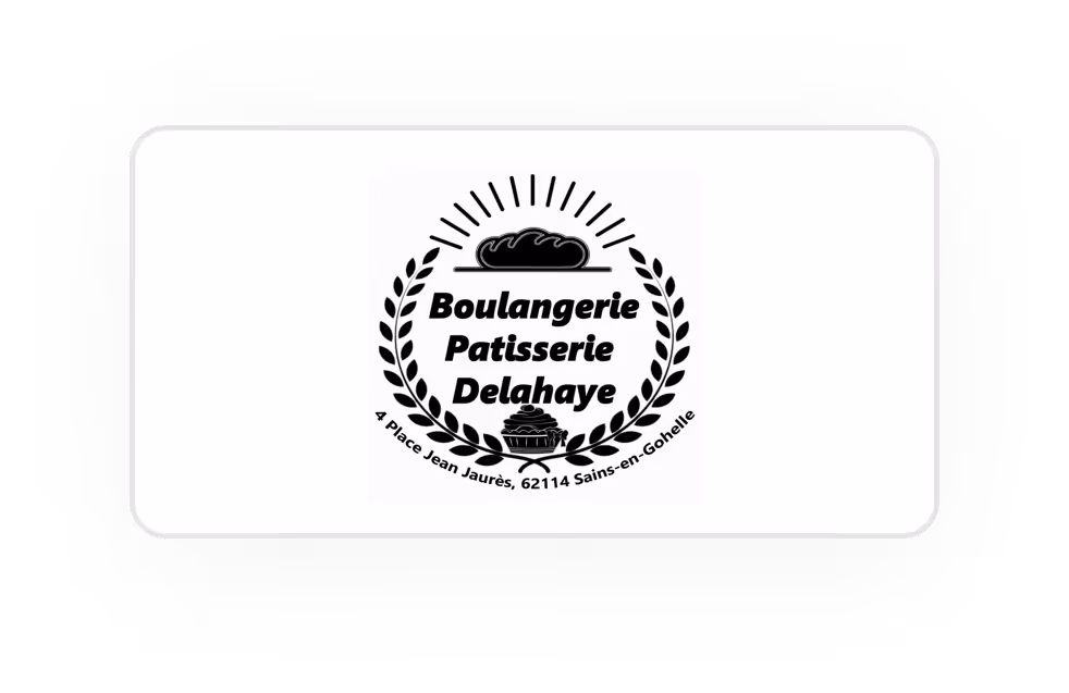Logo de la Boulangerie Patisserie Delahaye avec pain et pâtisserie entourés d'une couronne de laurier.