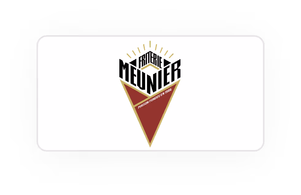Logo géométrique Friterie Meunier avec un triangle rouge et texte Maison fondée en 1986