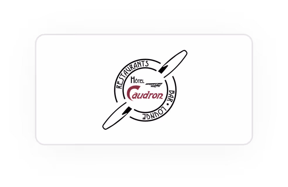 Logo de Hôtel Caudron avec un design d'hélice et les mots restaurants, bar, lounge autour.