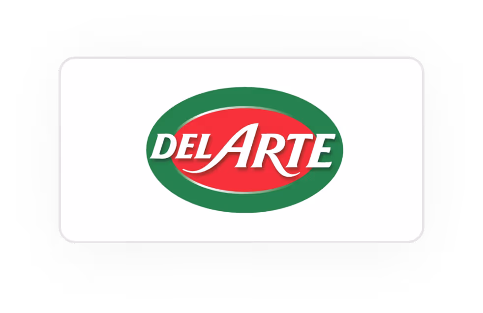 Logo Del Arte avec texte blanc sur fond rouge et ovale vert