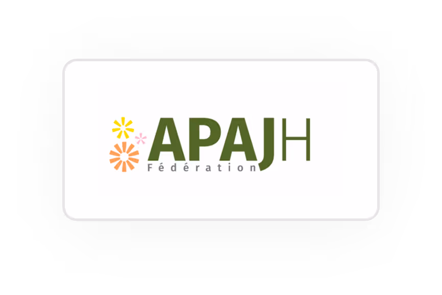 Logo APAJH avec des formes florales jaunes, roses et orange à gauche du texte.