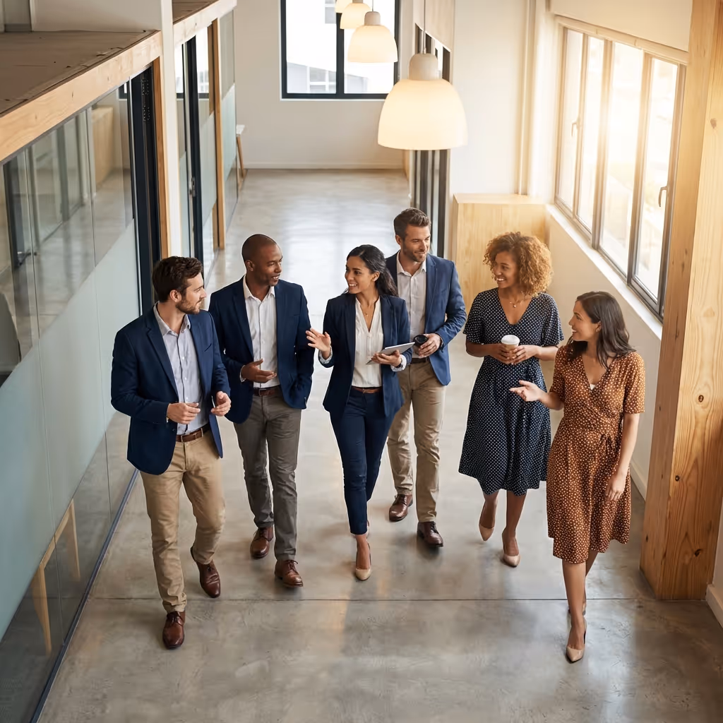 Équipe de professionnels DUNE Energie échangeant dans les bureaux modernes de l'entreprise