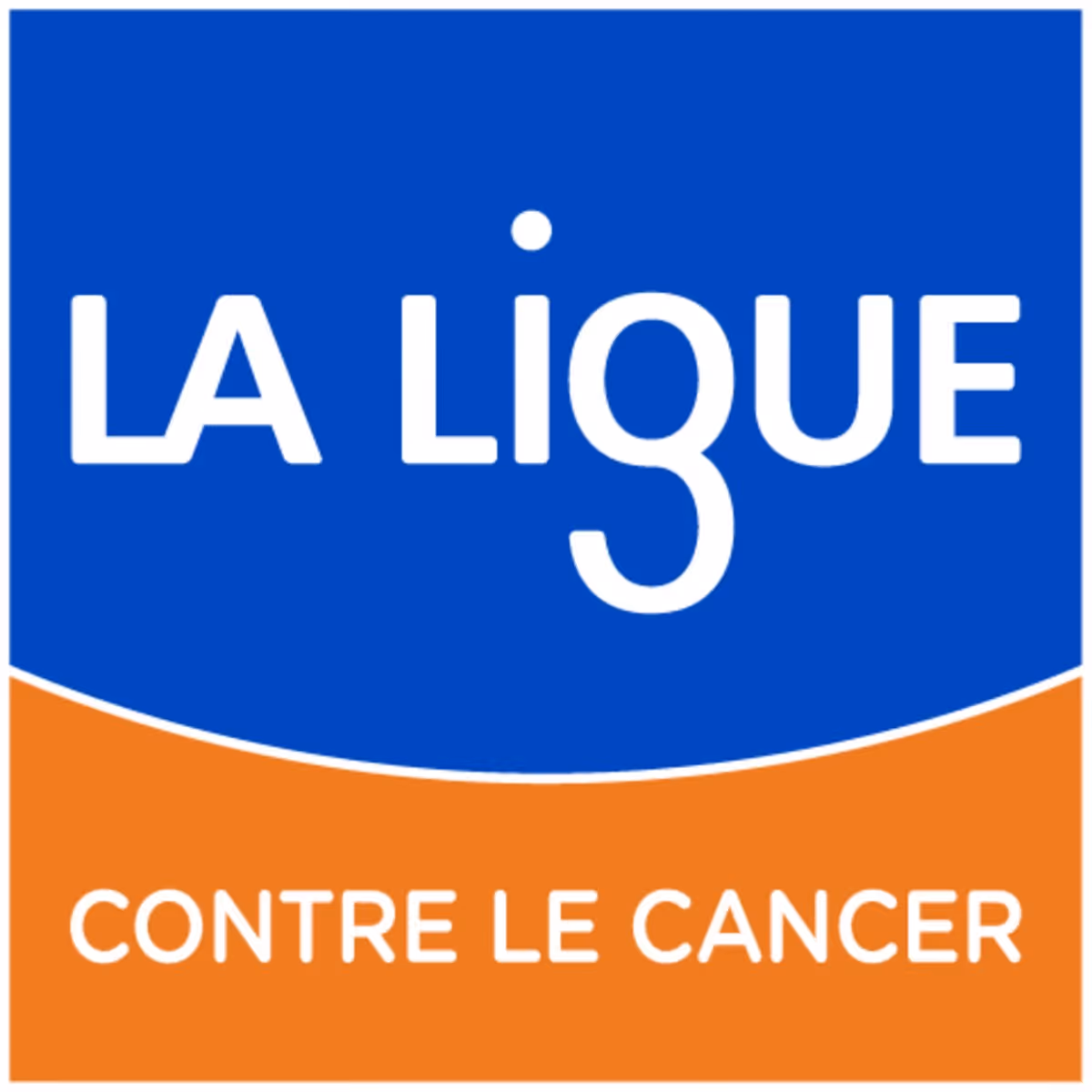 Logo de La Ligue contre le Cancer avec fond bleu et orange et texte blanc.