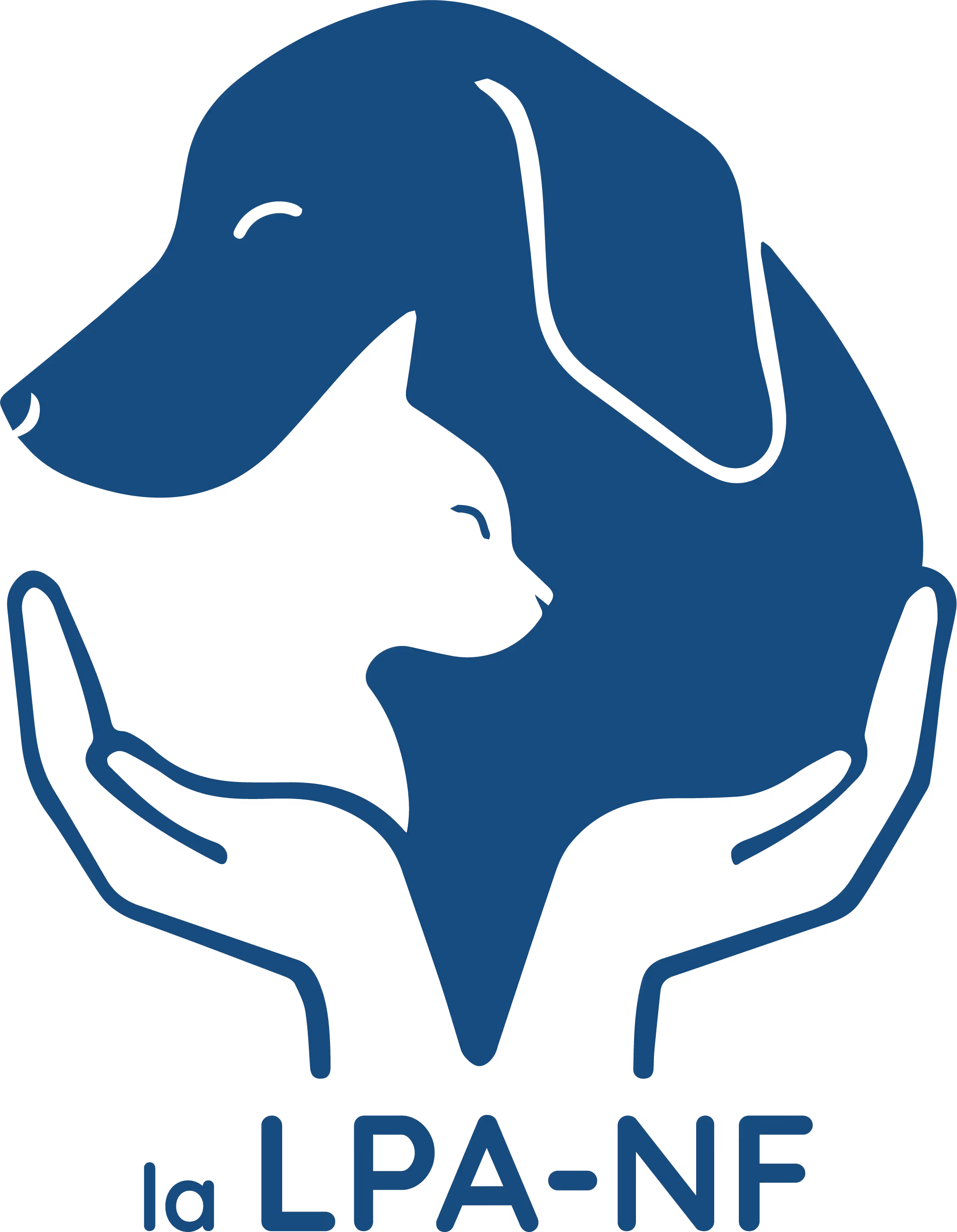 Logo "LPA-NF" avec silhouettes d'un chien et d'un chat formant un cœur entre deux mains ouvertes.