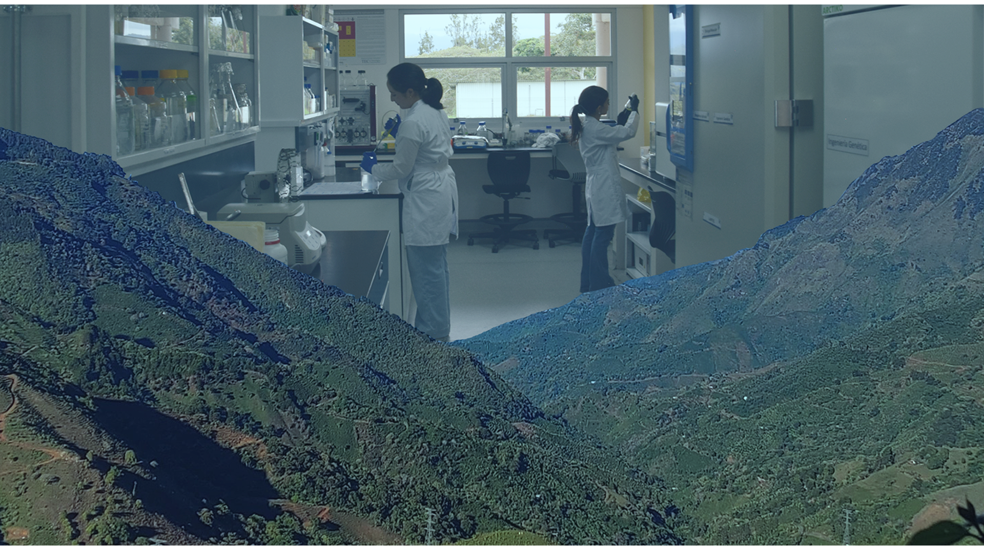custom image of an agricultural field with a research laboratory in the background.