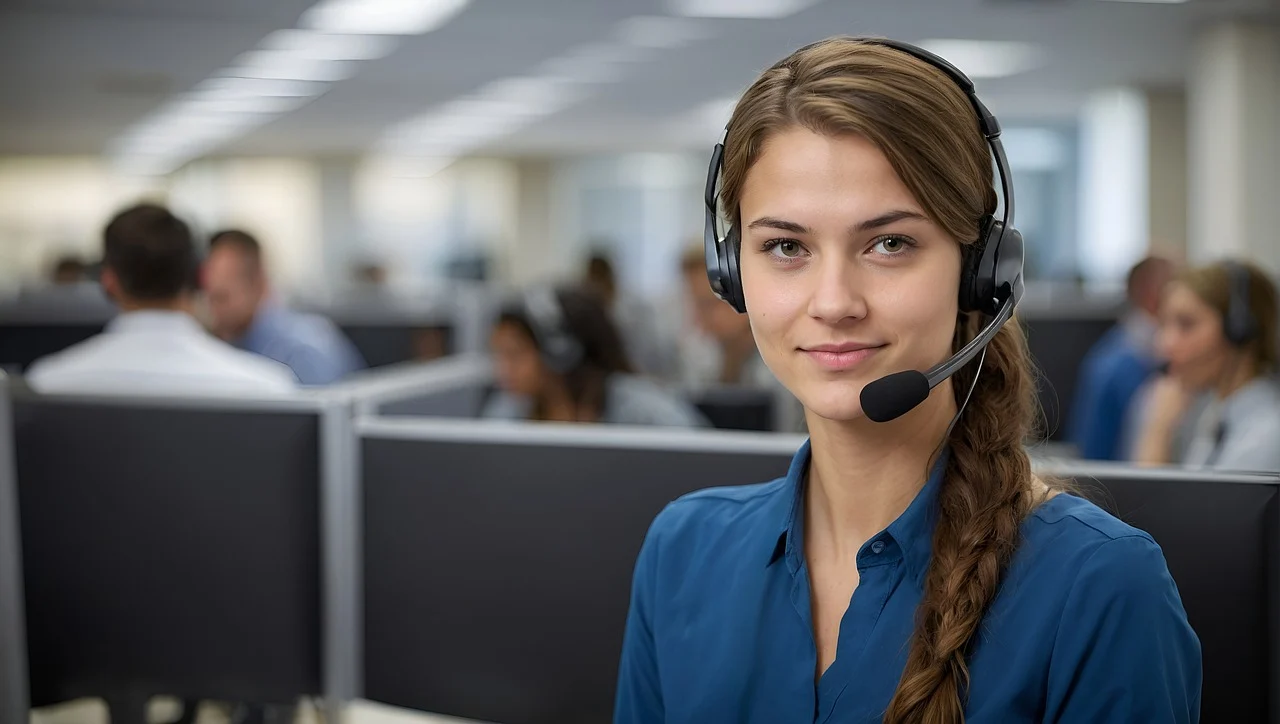 Mujer con auriculares en un entorno de oficina, sonriendo mientras trabaja en un centro de atención al cliente.