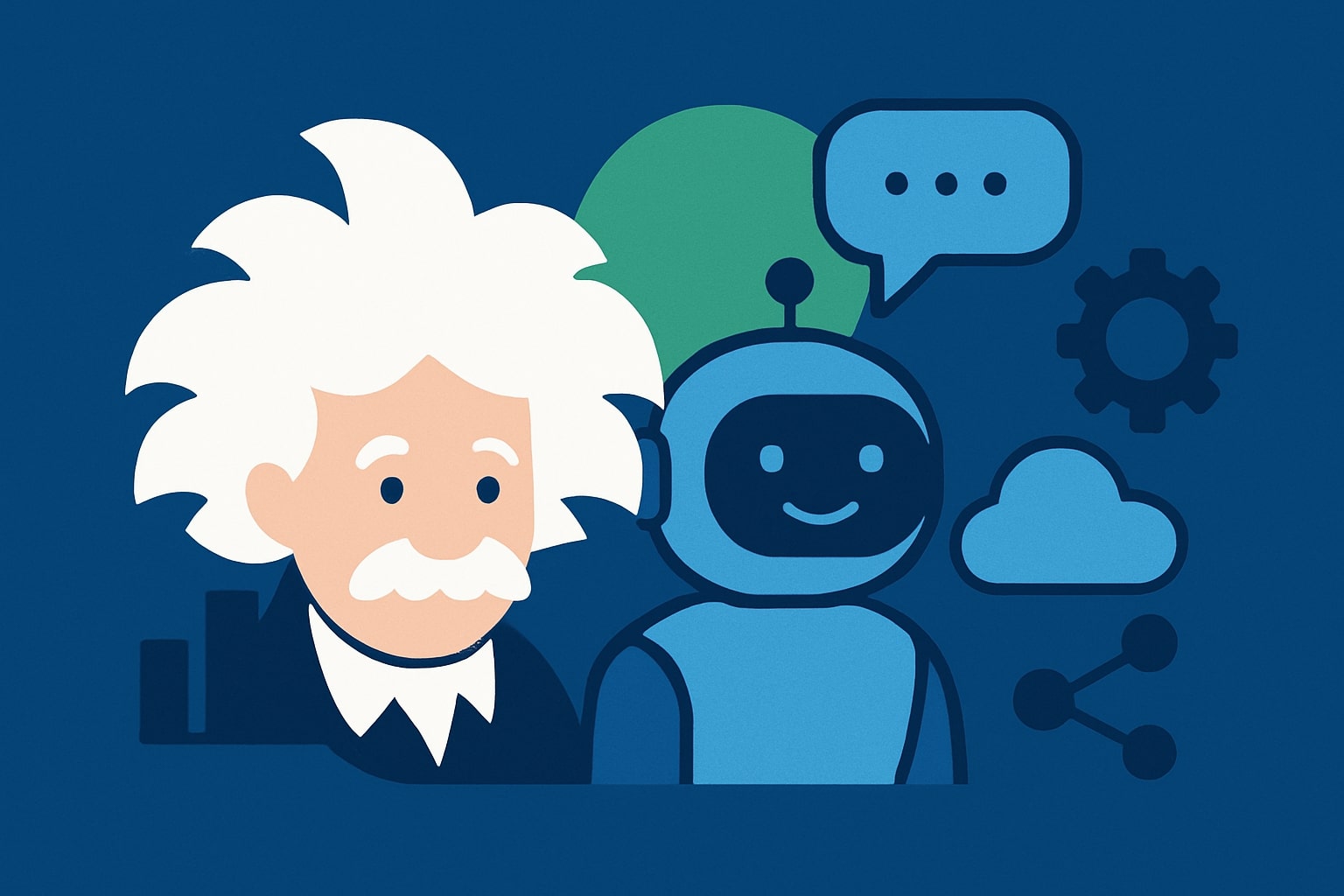 Ilustración de un personaje con cabello rizado y un robot sonriente, rodeados de íconos de comunicación y tecnología.