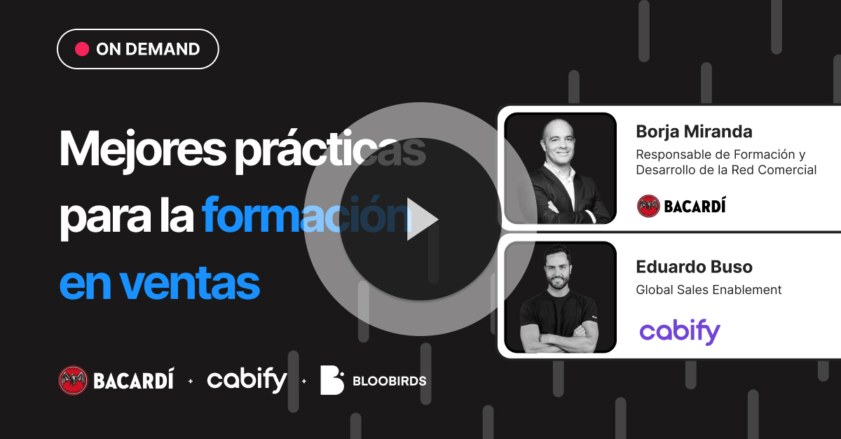 Mejores prácticas para la formación en ventas, con nombres de ponentes y logotipos de Bacardí y Cabify.