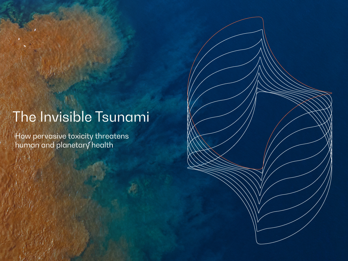 Abstract image representing the complexity of environmental toxicity with the caption "The Invisible Tsunami"