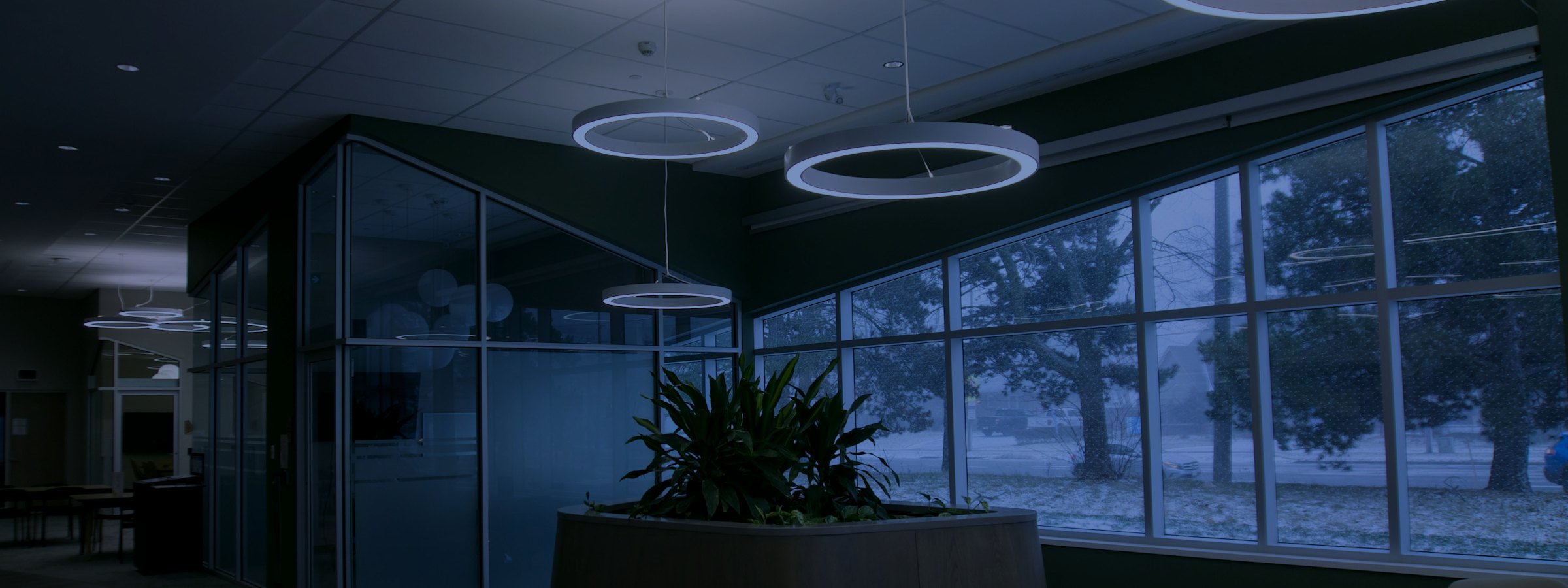 Office interior with floor to ceiling windows