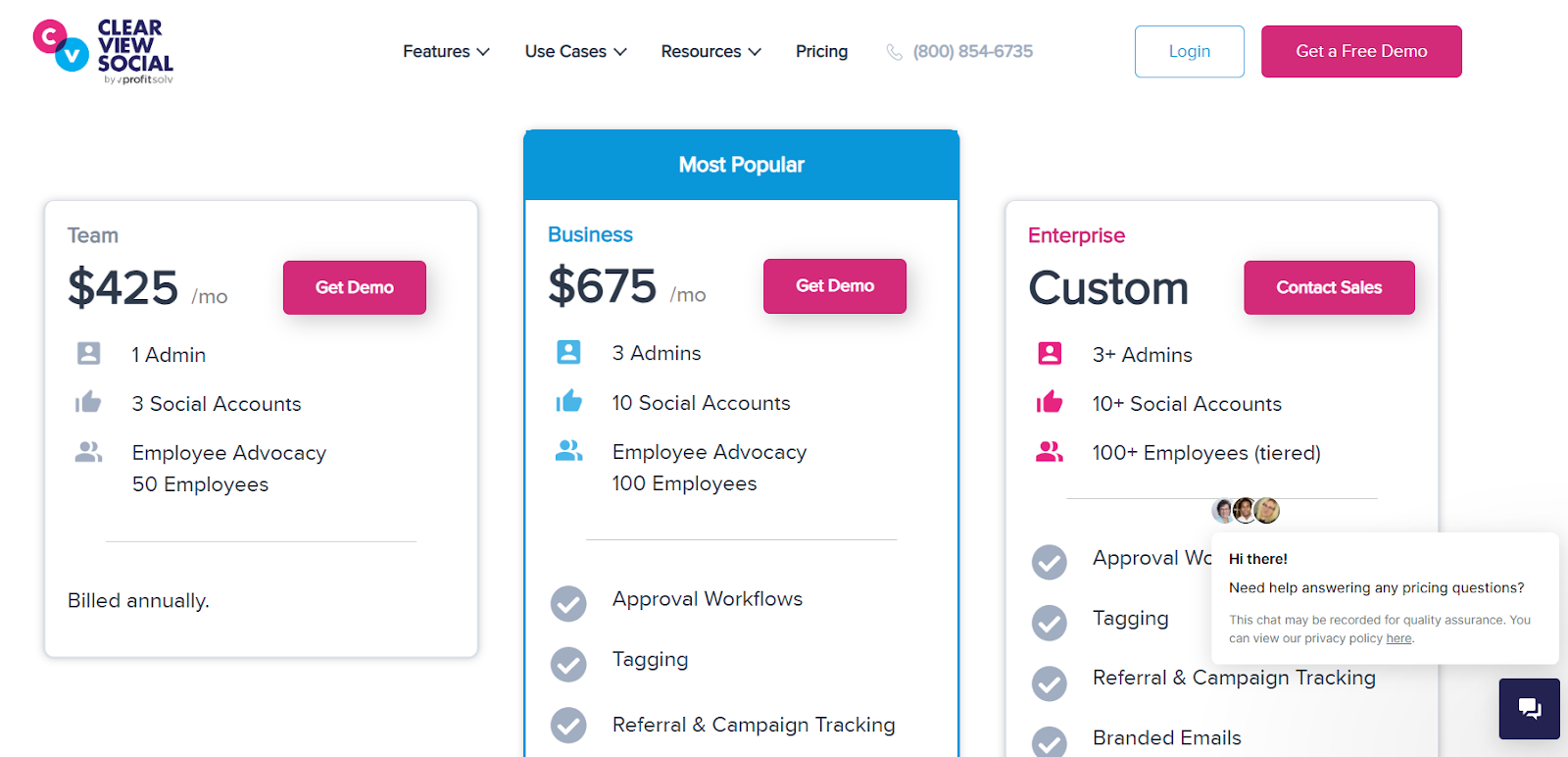 A screenshot of Clearview Social's pricing page