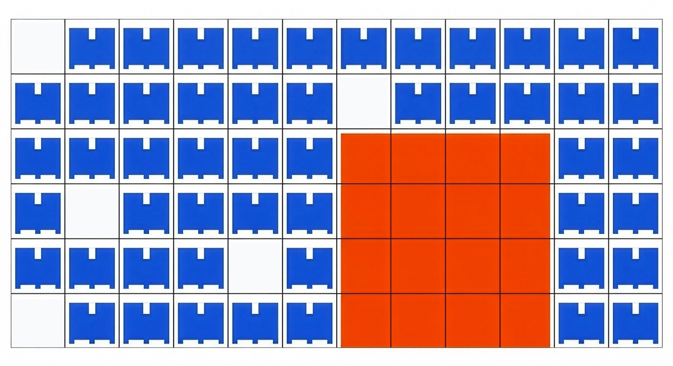 Graphic of blue pallet icons arranged in a grid around a large orange block, with several empty white spaces.