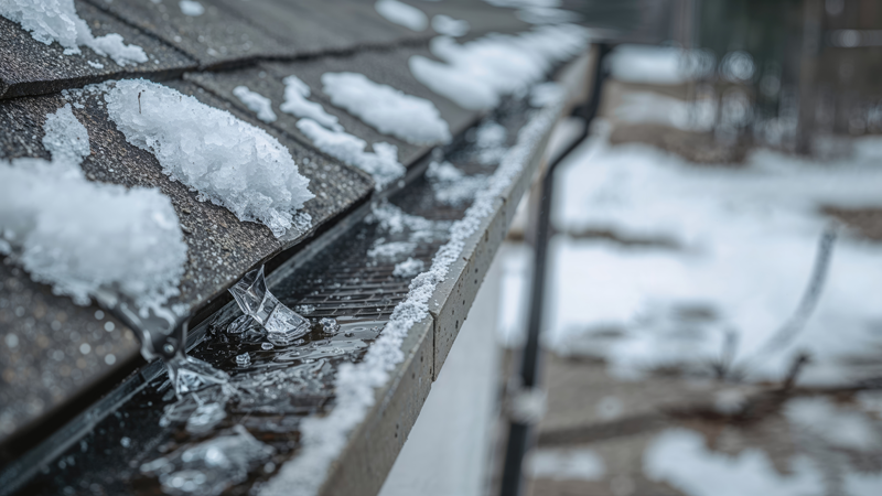 frozen gutter example that leads to water damage in homes.