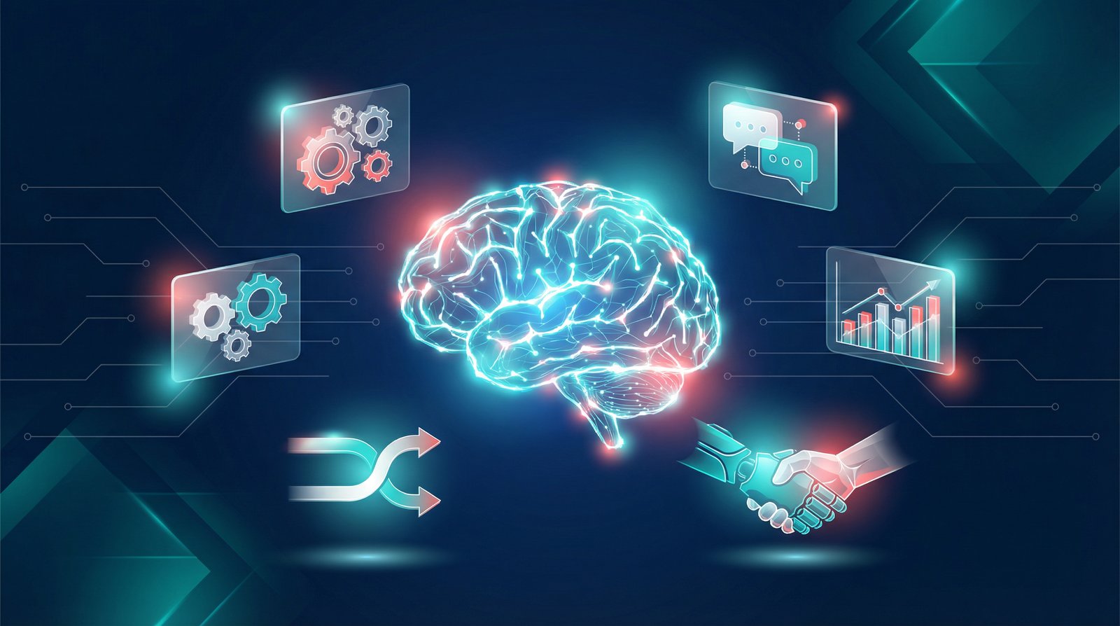 AI automation agency concept with a glowing brain surrounded by business automation icons