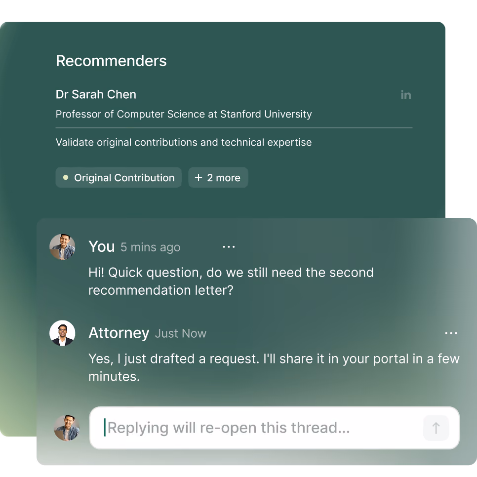 Recommender profile card for Dr. Sarah Chen, Professor of Computer Science at Stanford University, above a chat thread between a user and an attorney discussing a recommendation letter request.