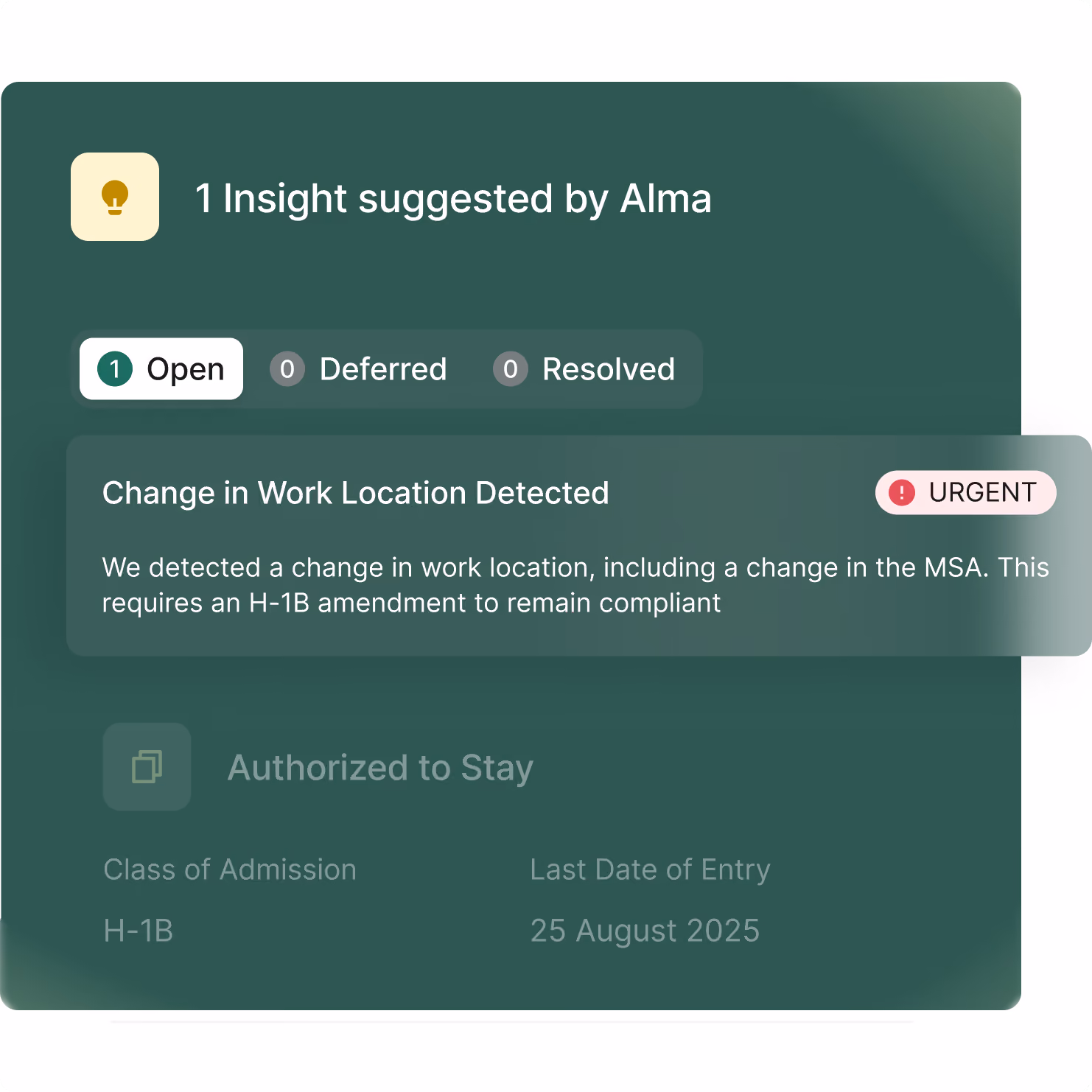 Case insight panel flagging an urgent AI-detected change in work location that requires an H-1B amendment, with case status showing 'Authorized to Stay.