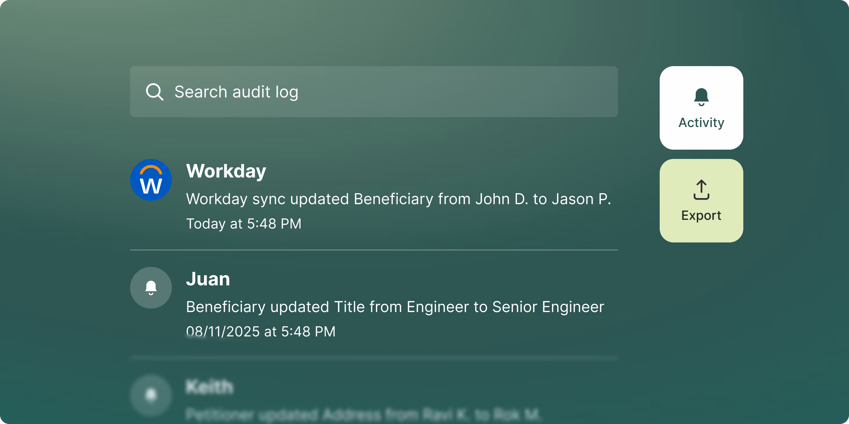 Searchable audit log listing case activity, including a Workday sync updating the beneficiary name and a manual update changing a job title from Engineer to Senior Engineer, with Activity and Export buttons.