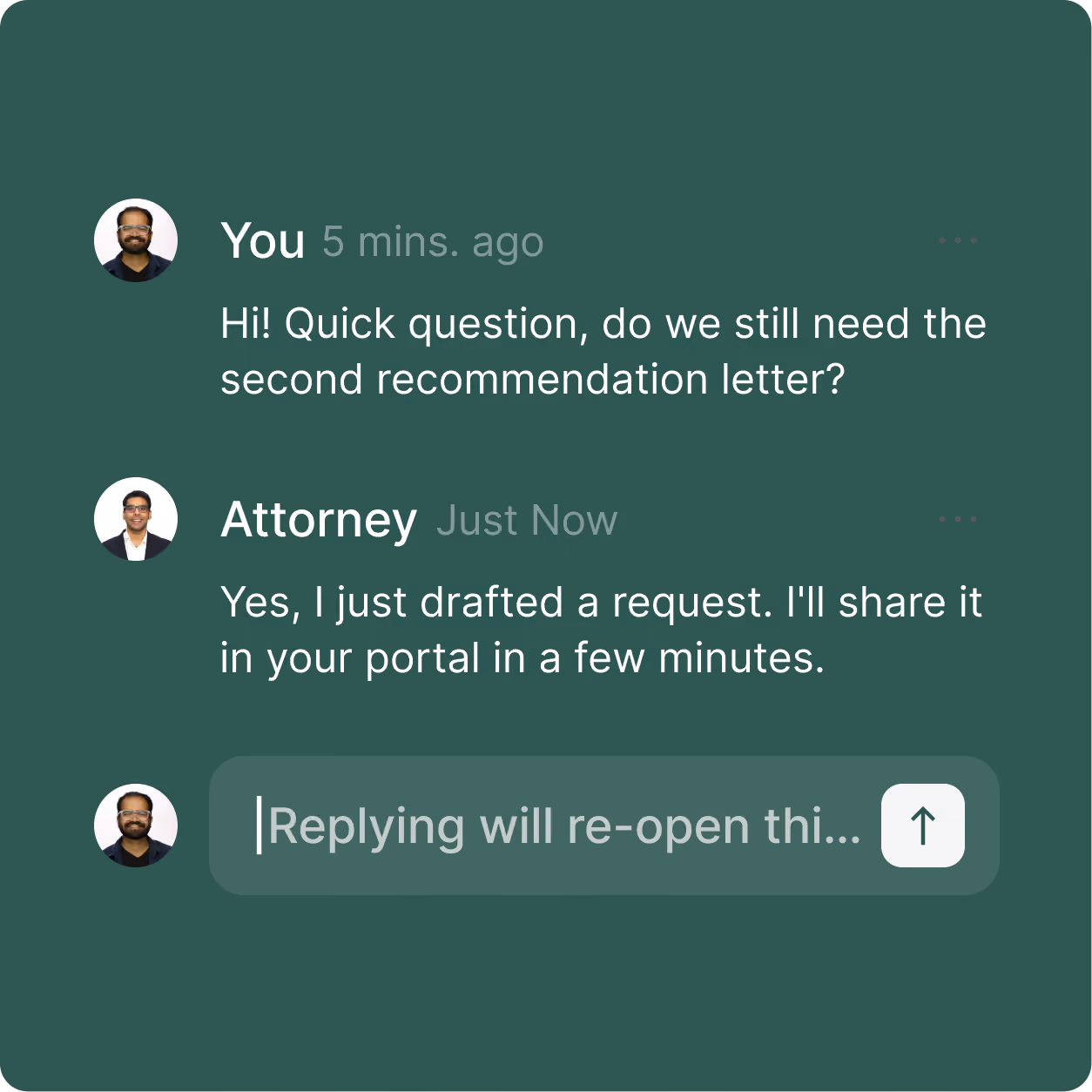 Mobile chat thread between a user and an attorney, asking whether a second recommendation letter is still needed, with the attorney replying that a request has been drafted, and a reply field showing 'Replying will re-open this...'