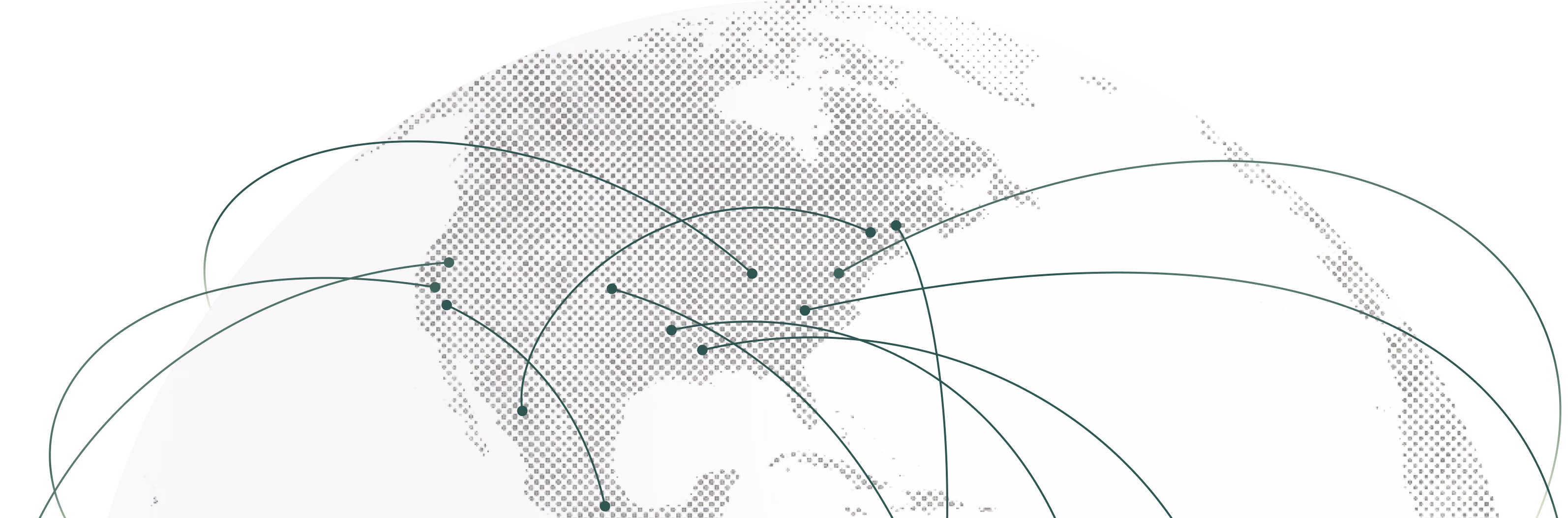 Decorative illustration of a halftone-textured globe centered on North America, with curved lines and dots connecting cities across continents to represent a global immigration case network.