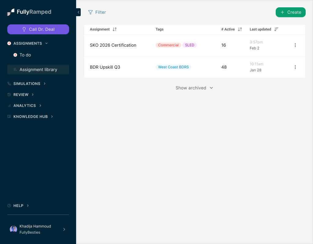 The v1 assignment library, where managers see every assignment they've created and its status
