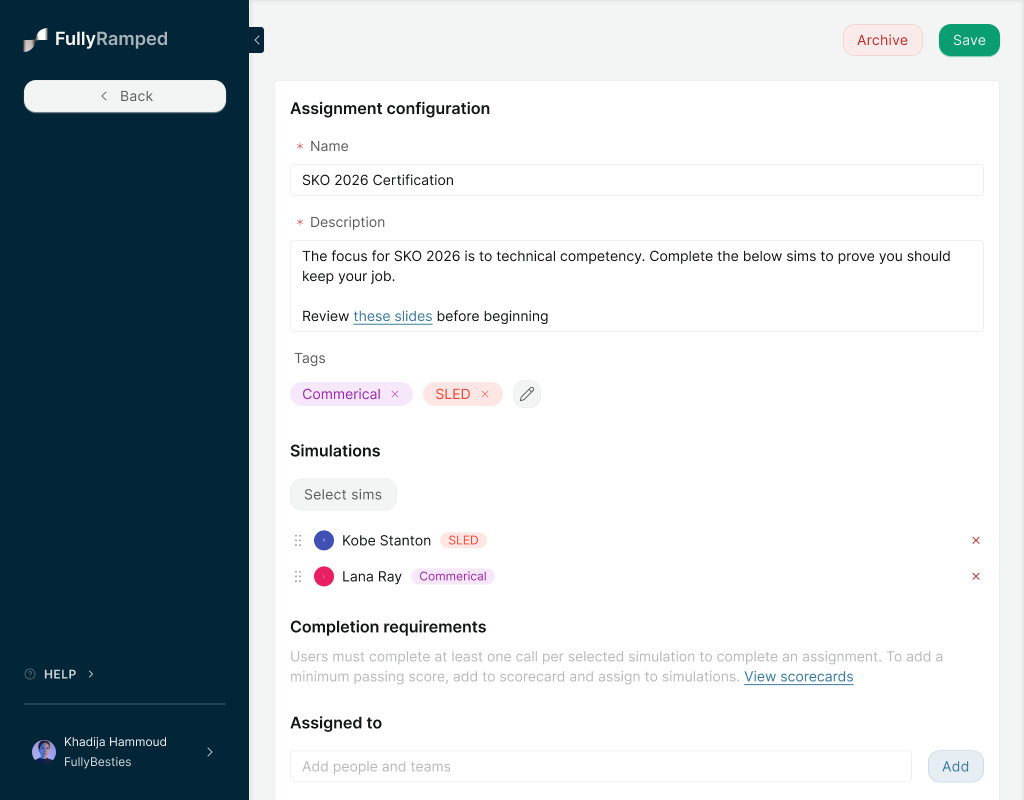 The assignment builder a manager uses to pick sims, assign reps, and set completion requirements