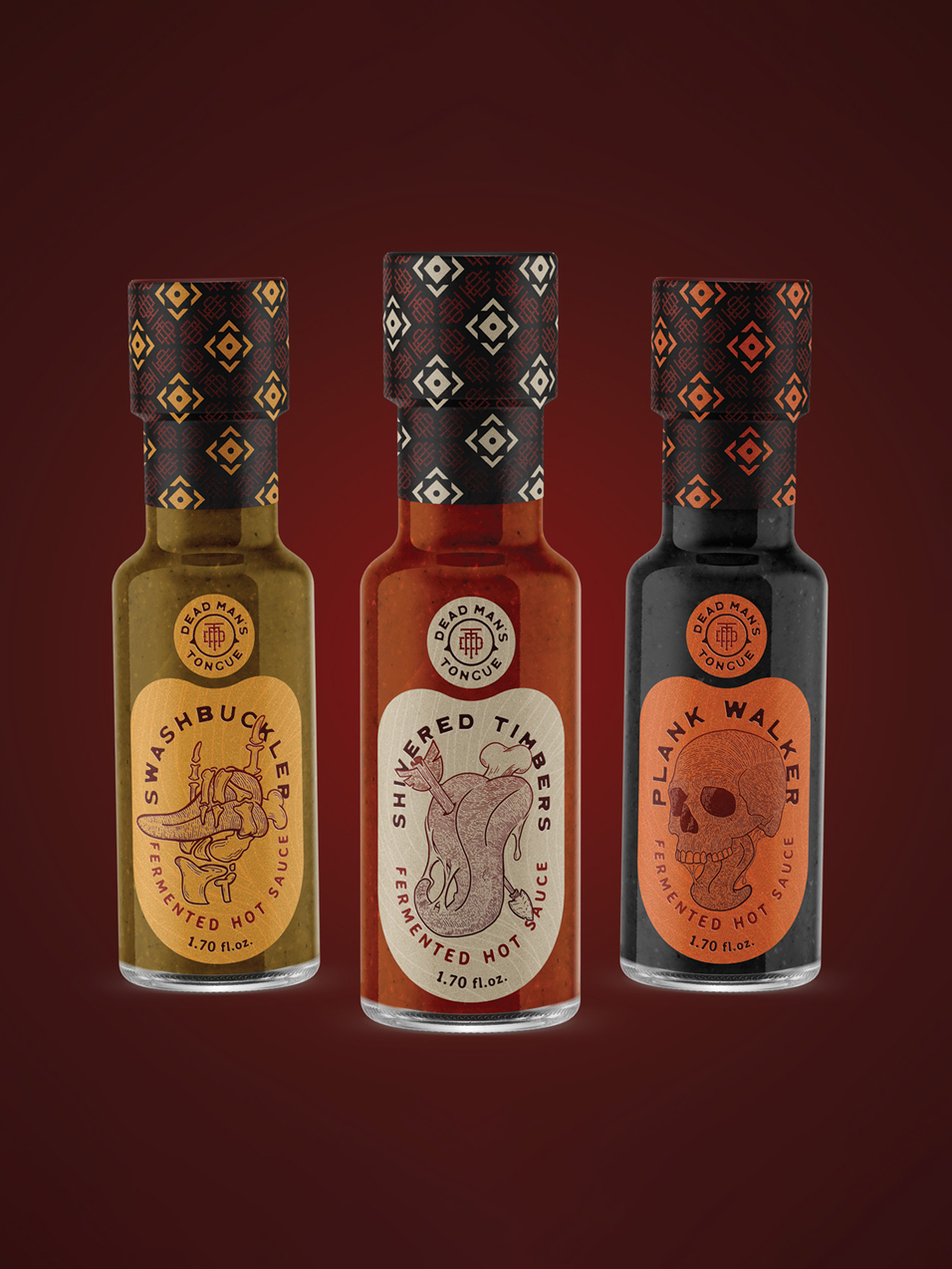 a mockup of three fermented hot sauce bottles designed by shawn tarr