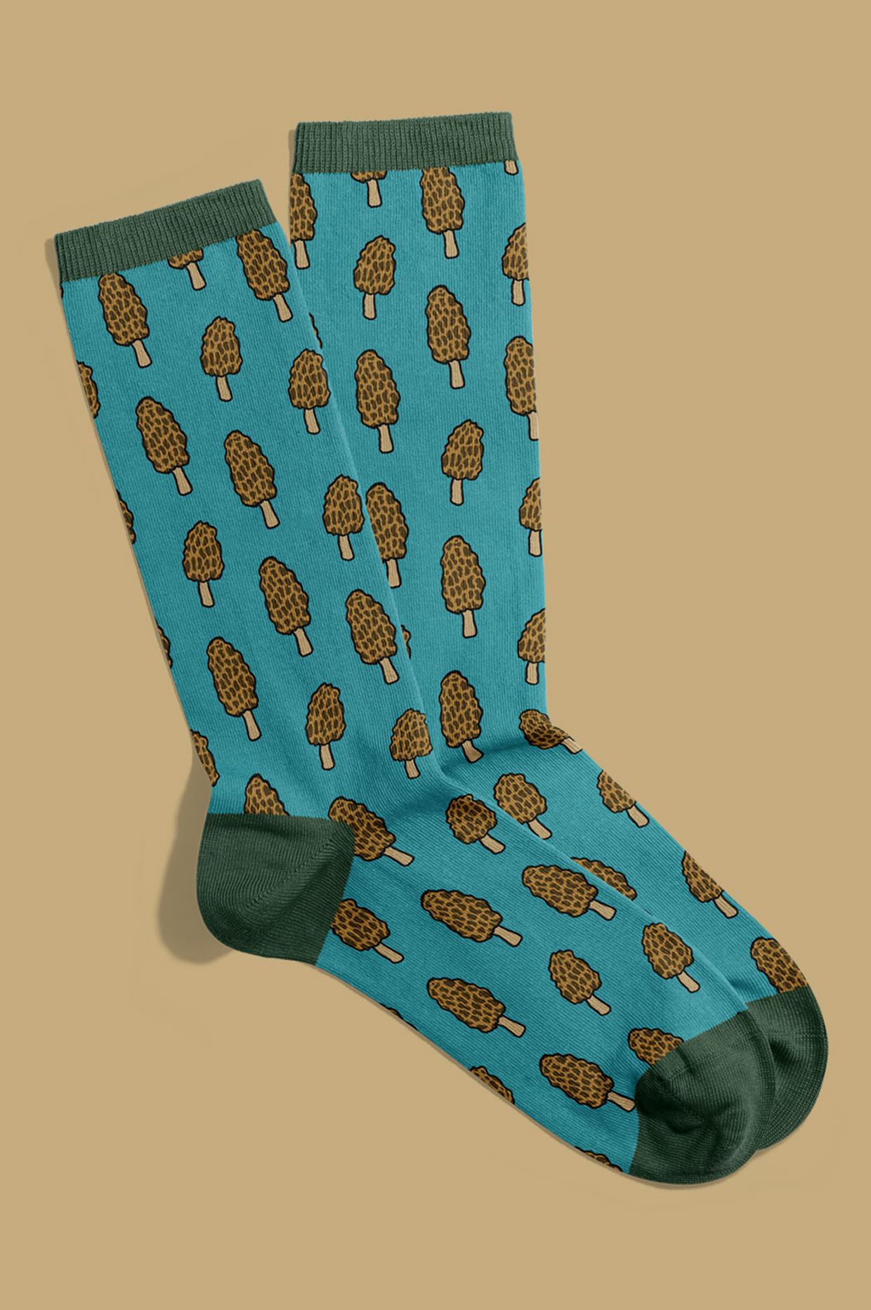 a pair of socks with morel mushroom illustrations