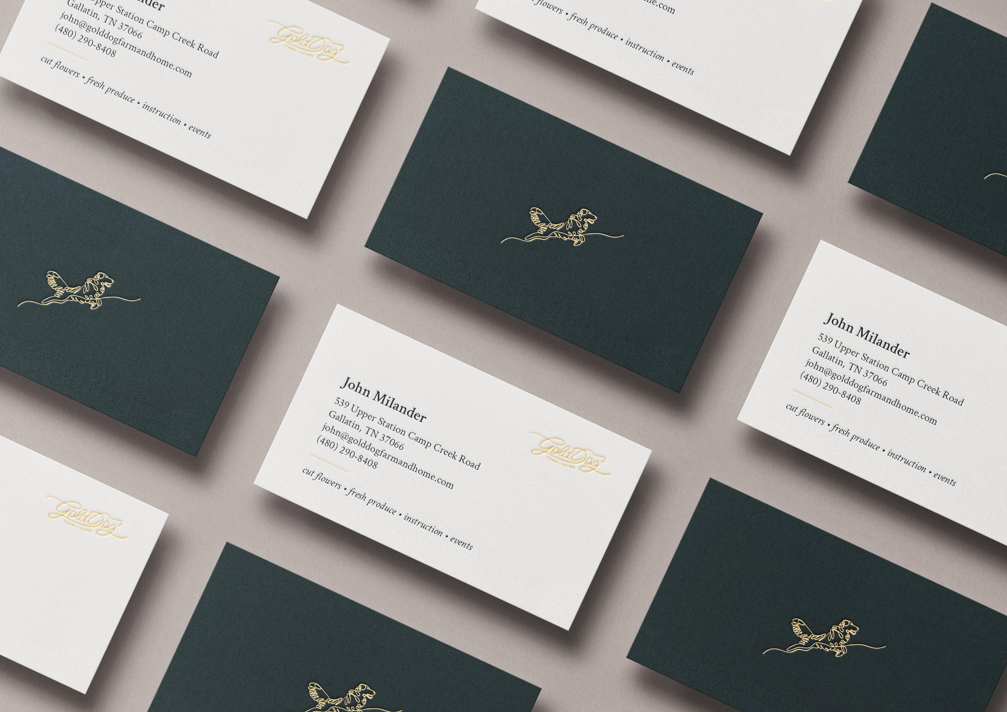business card mockups for gold dog farm and home