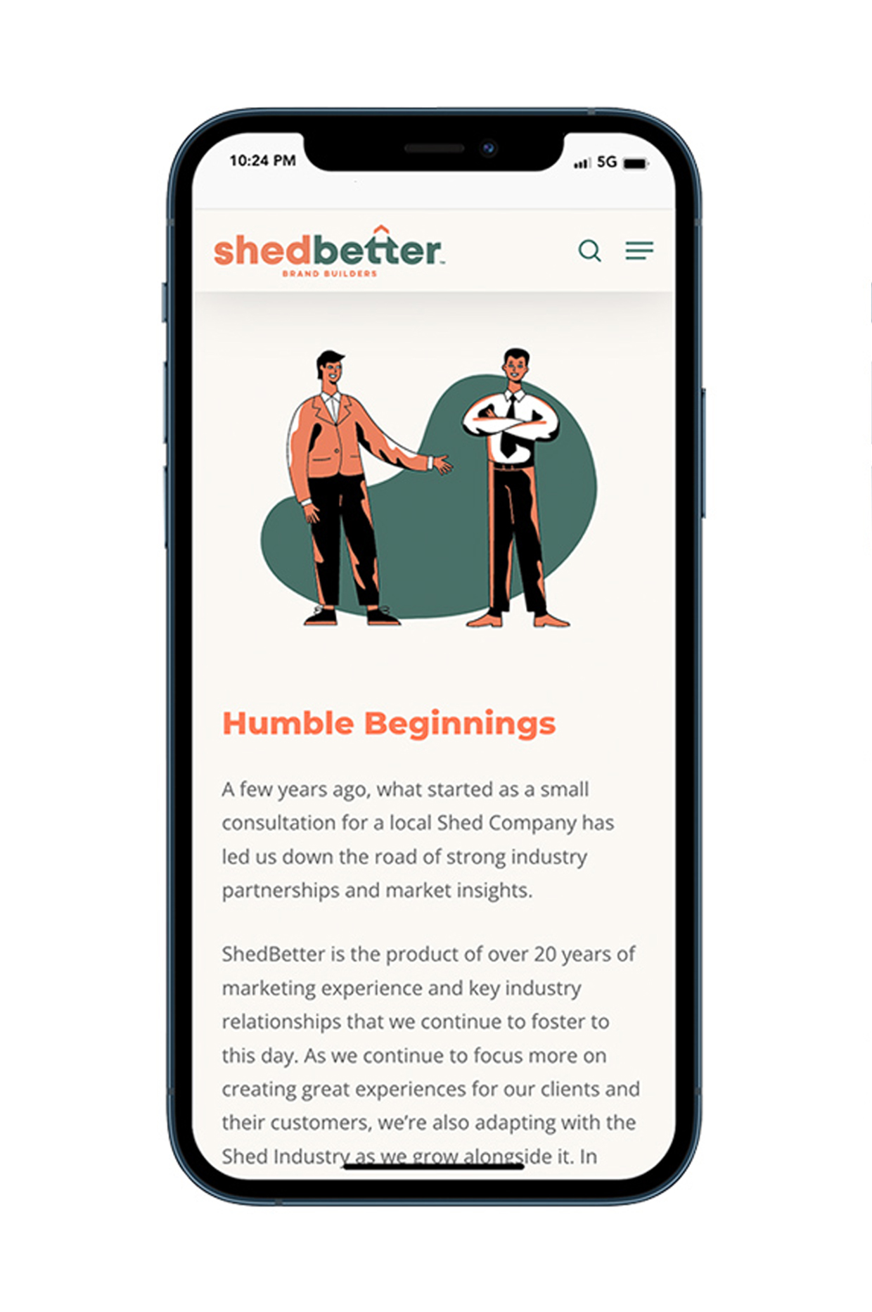 a mobile phone mockup of the shedbetter site