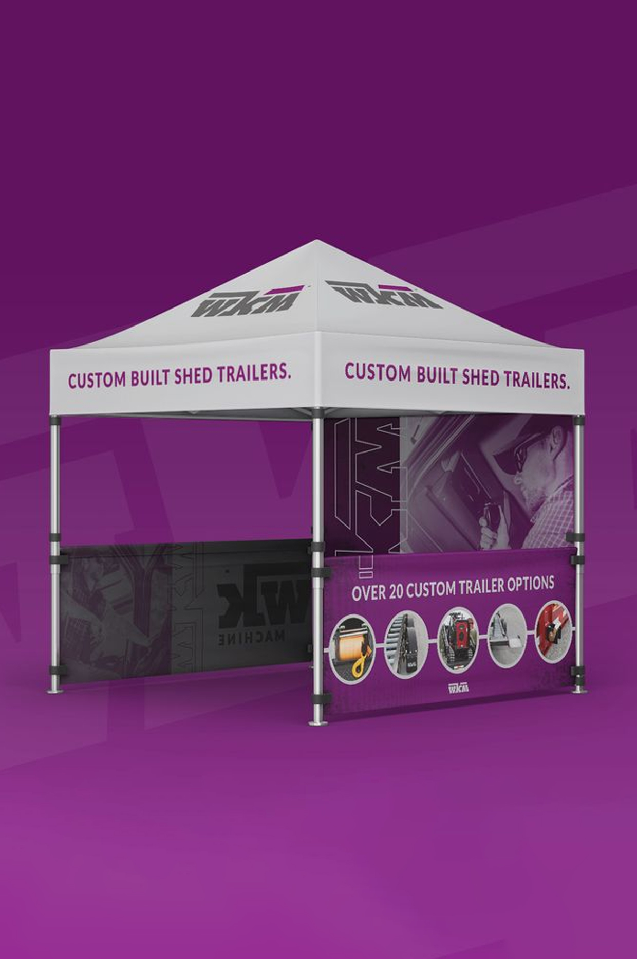 a branded tent mockup for wkm shed trailers