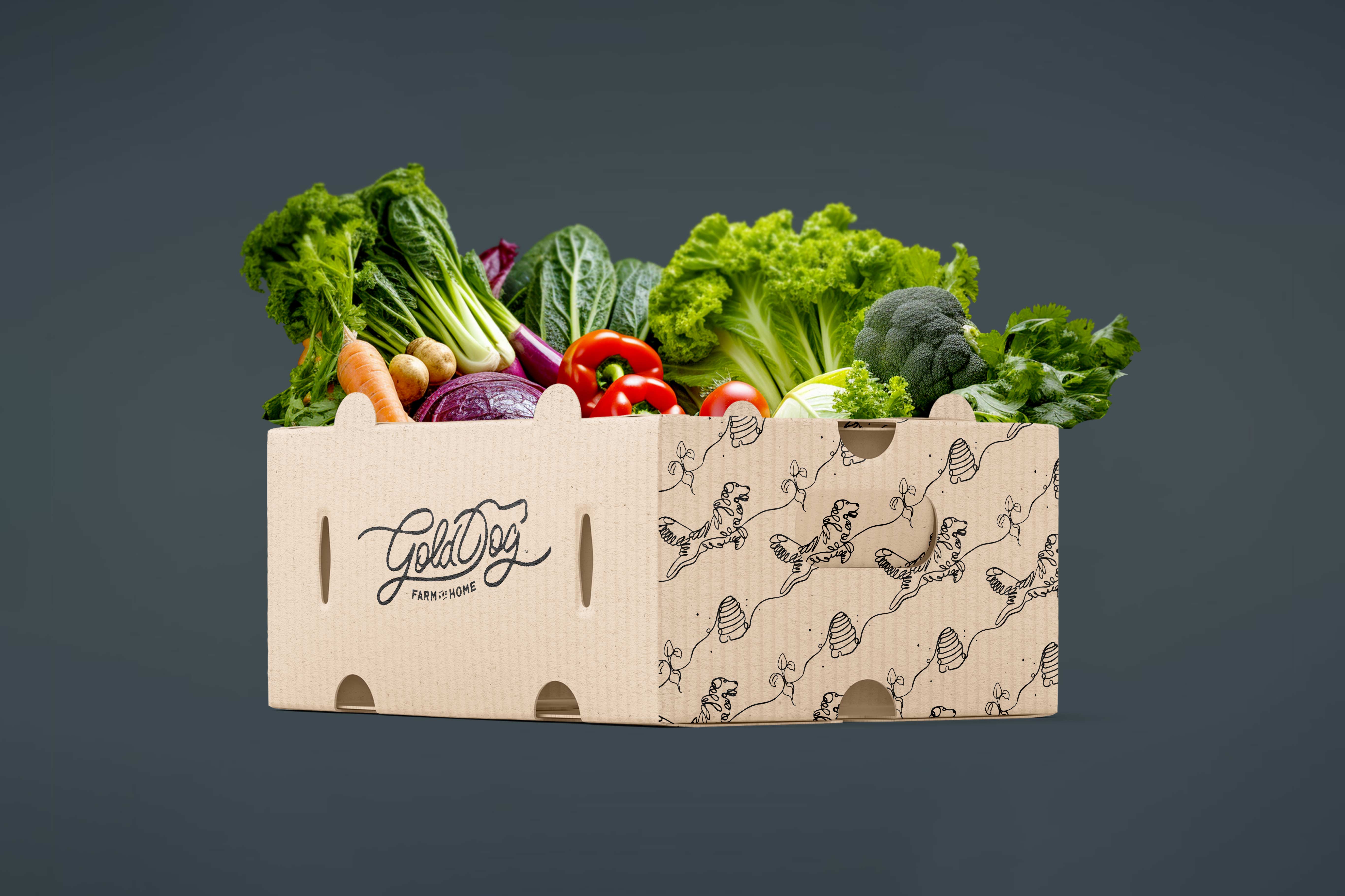produce box mockup for gold dog farm and home