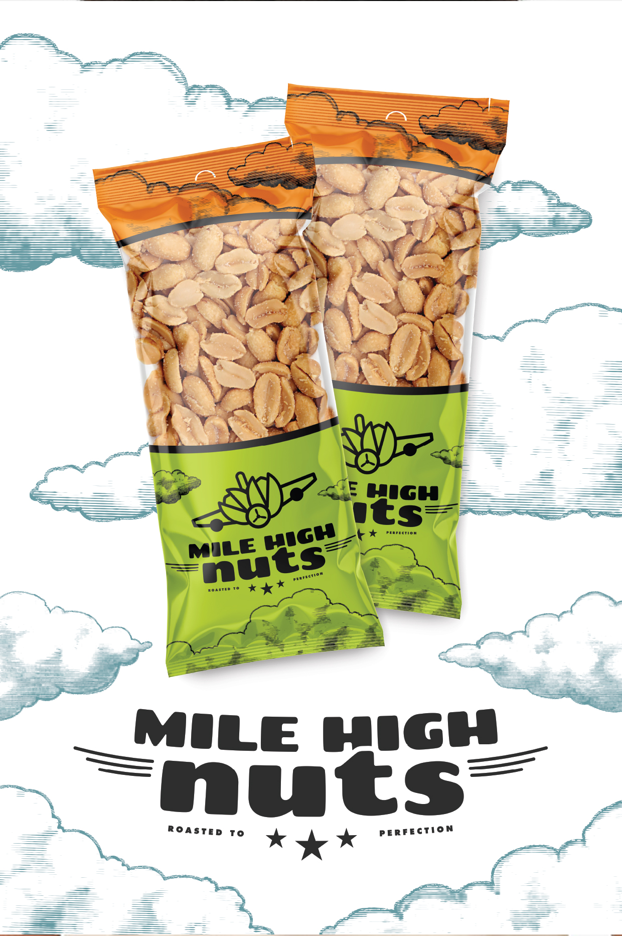 a poster for mile high nuts featuring the peanut products