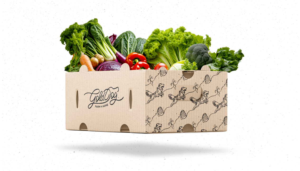 mockup of a produce box for gold dog farm and home