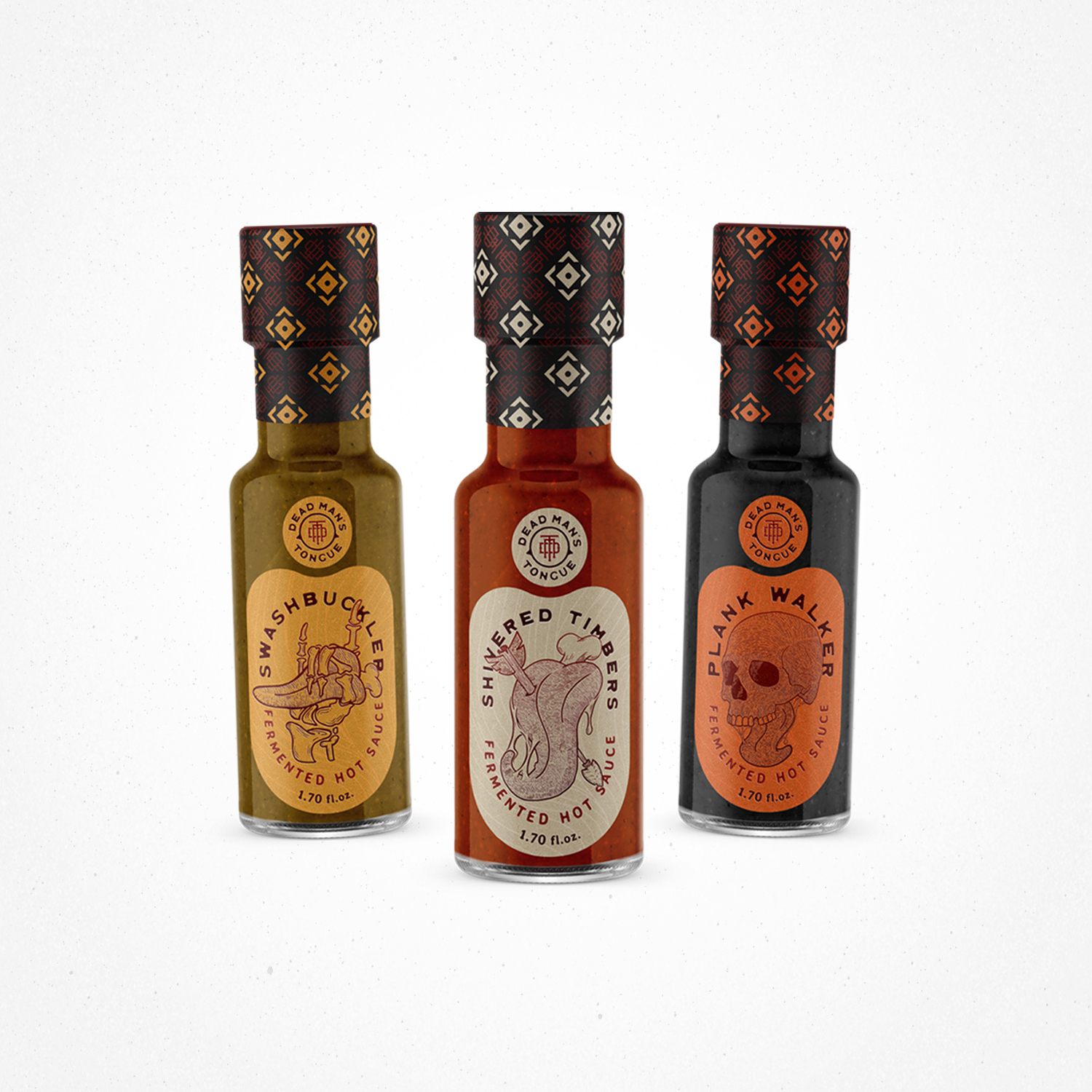 three bottle mockups for dead man's tongue hot sauce