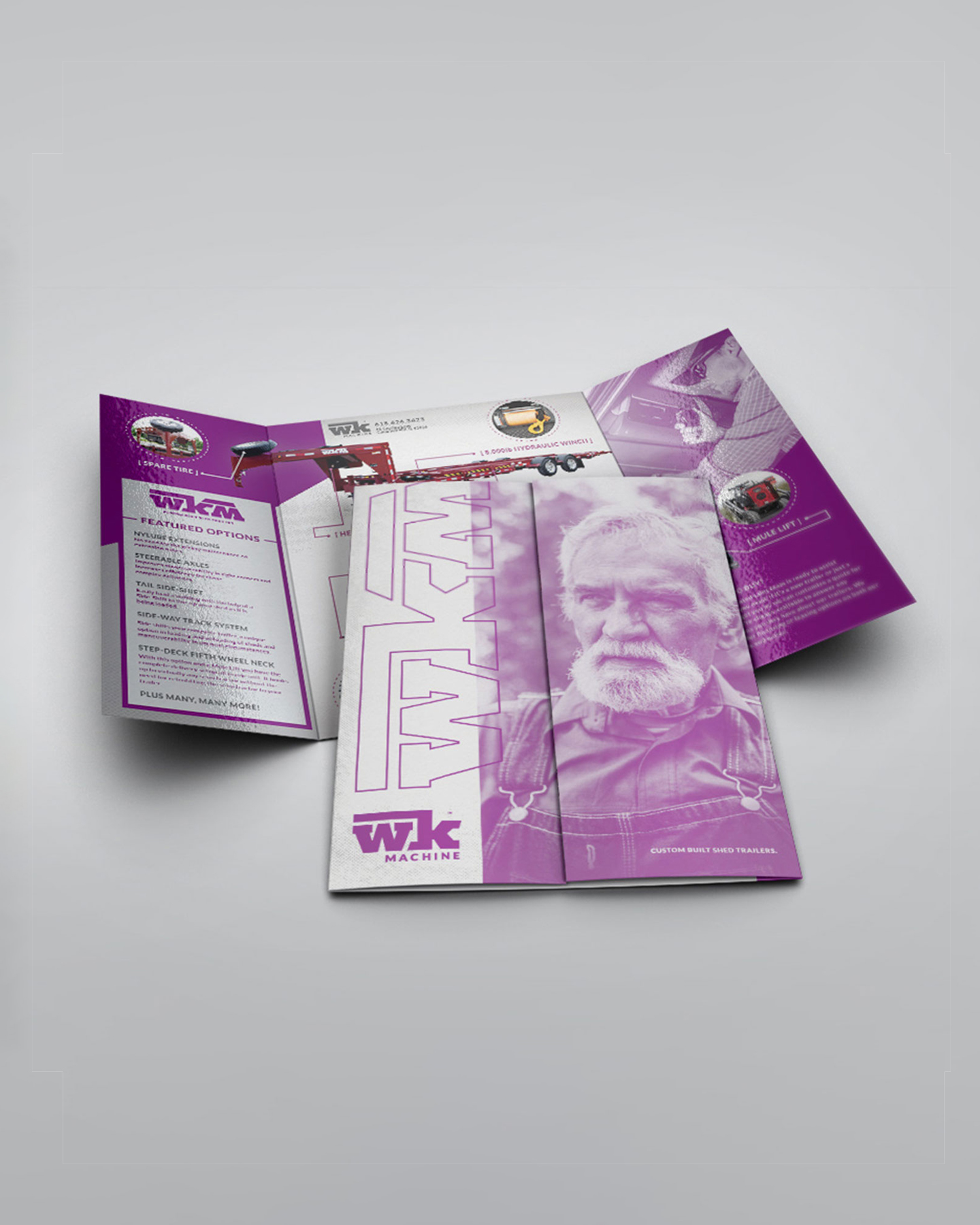 a mockup of a gatefold brochure for wkm shed trailers