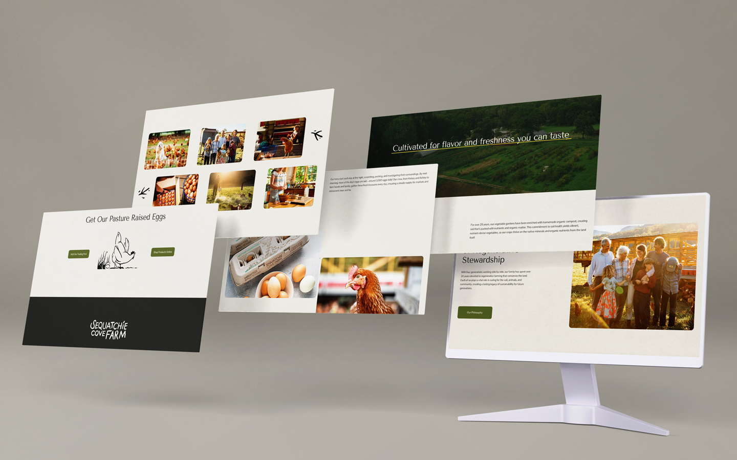 a five page desktop mockup of sequatchie cove farm website