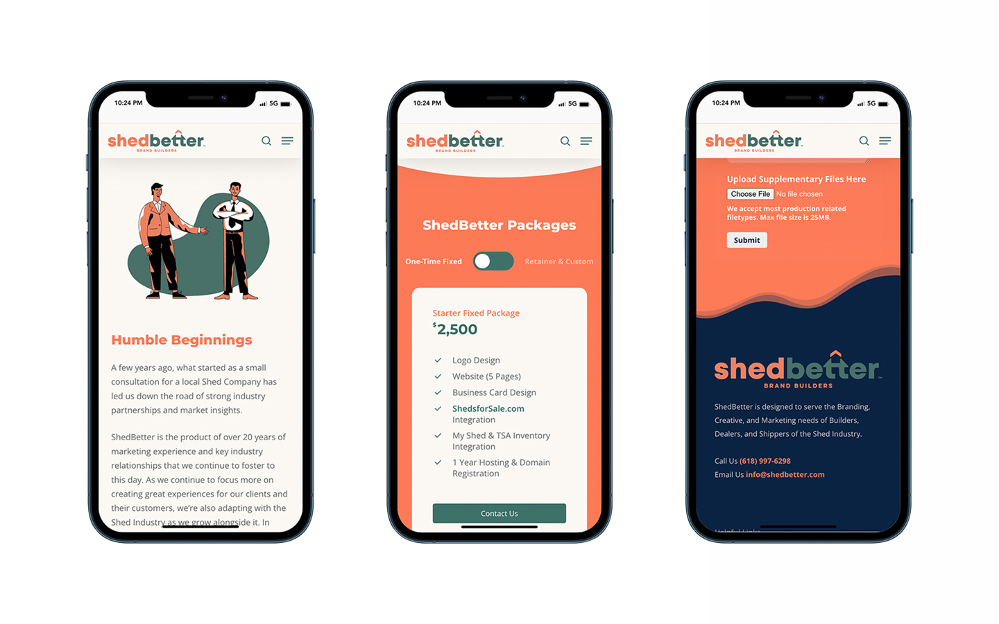 three phone mockups of the shedbetter website