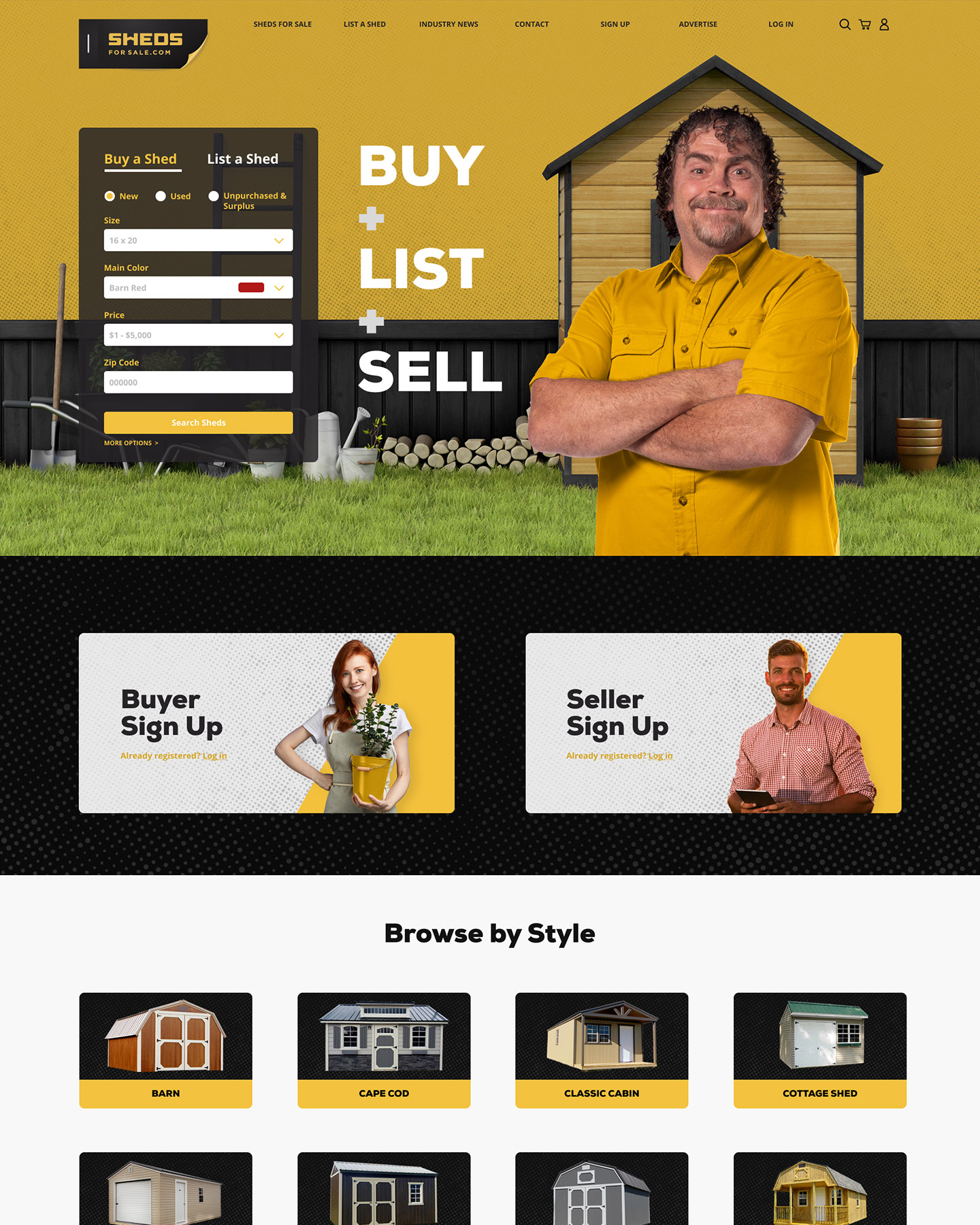 a mockup of the shedsforsale website