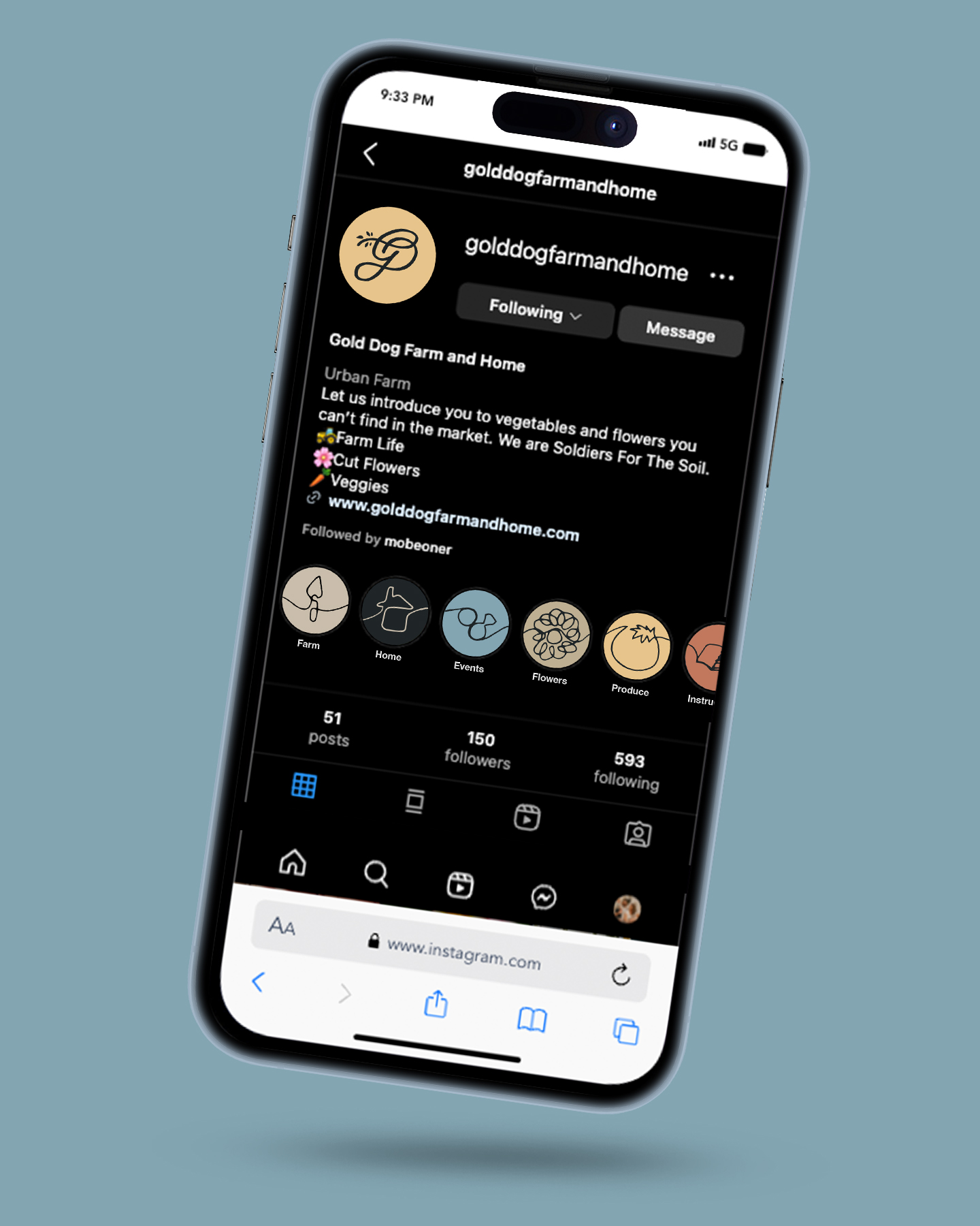 a mockup of an instagram profile for gold dog farm and home