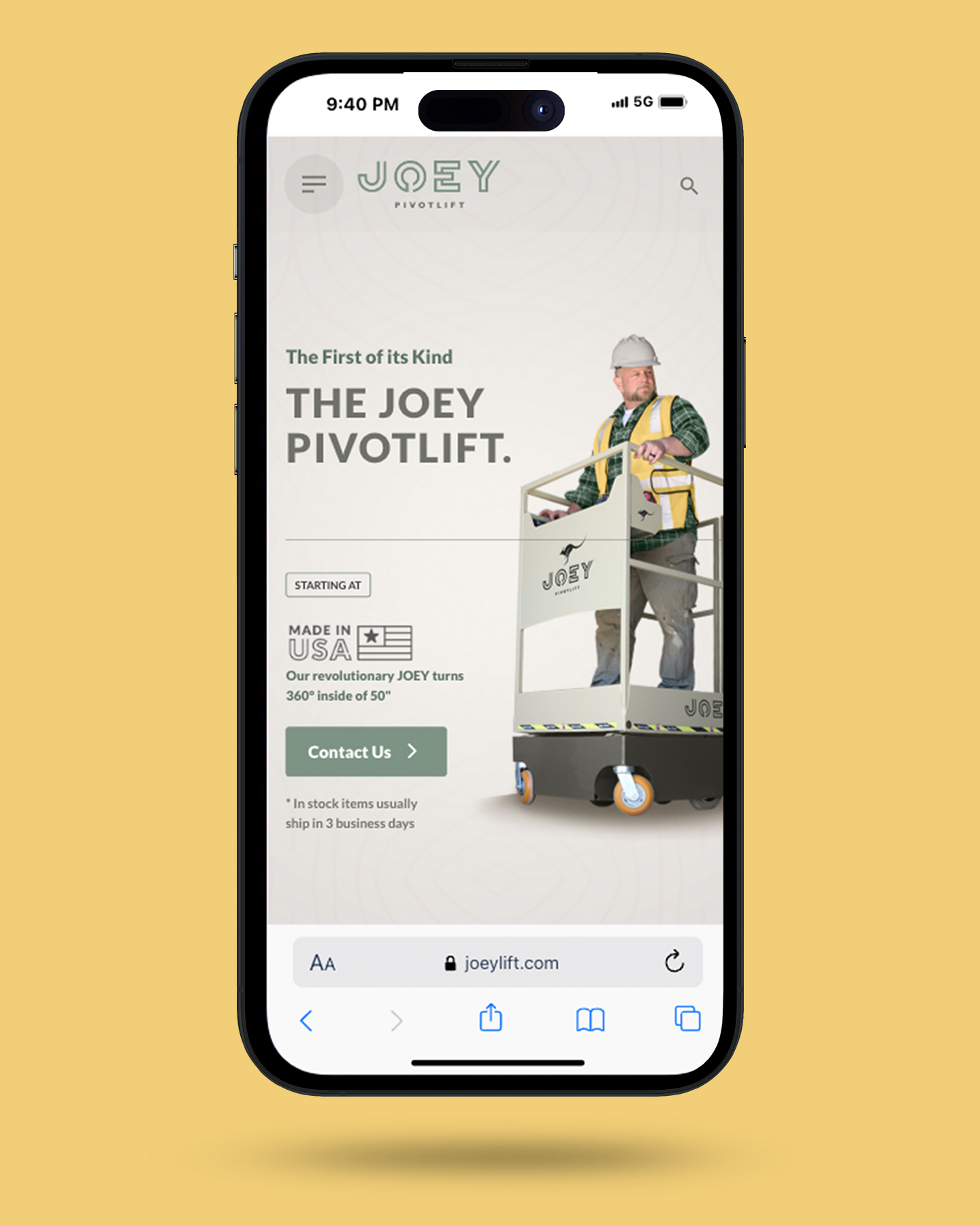 an iphone mockup of the homepage for joey pivotlift