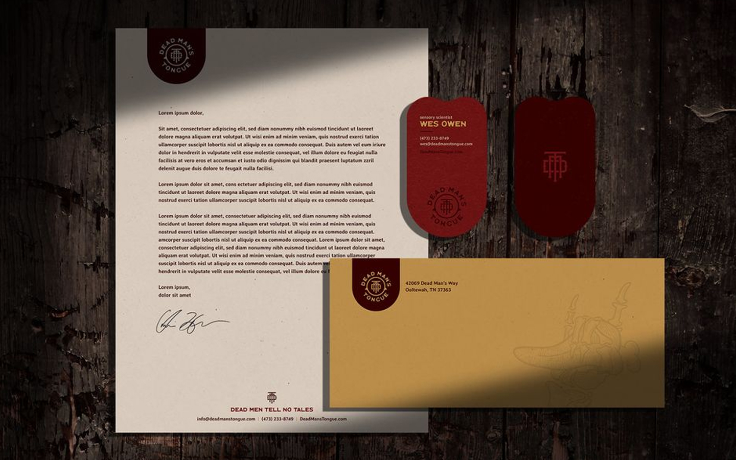 a mockup of stationary for Dead man's tongue hot sauce